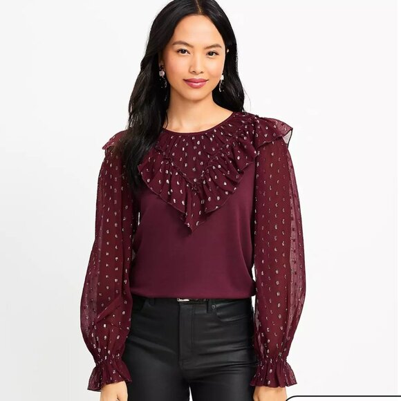 NWT LOFT Shimmer Ruffle Yoke Top Burgundy - Picture 1 of 7